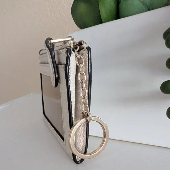 Coach, Mini Skinny ID Case, Crossgrain Leather, Chalk White, Gold Key Ring EUC